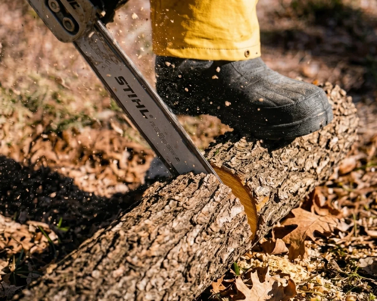 Artisan bûcheron Boissier tronçonnant une grume de chêne à la tronçonneuse, en tenue de protection